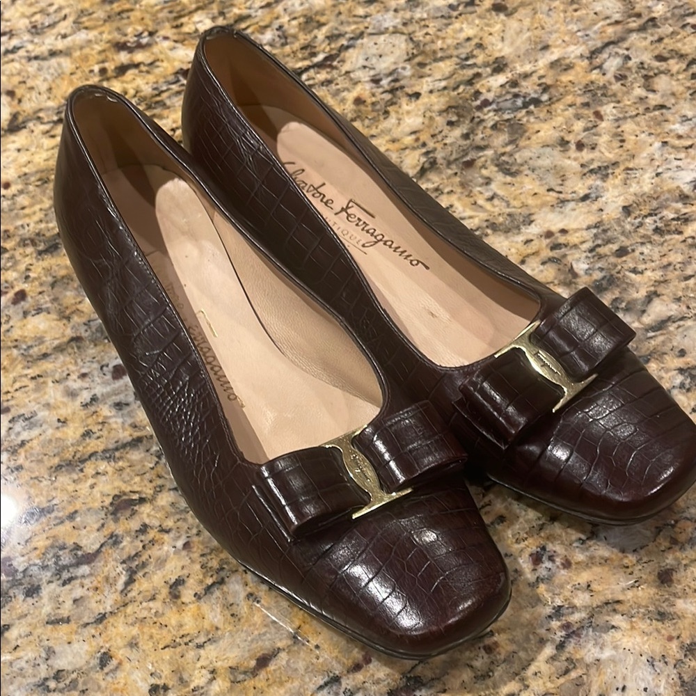 Salvatore Ferragamo Brown Leather Loafers with Metal Buckle